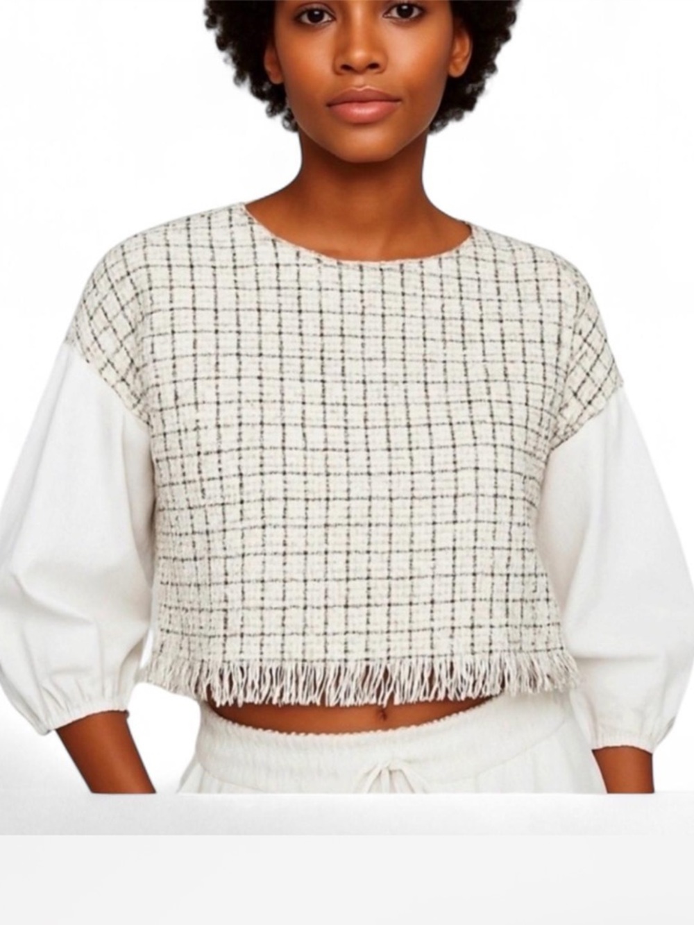 Zara Ivory Plaid Cropped Fringe Sweater Top